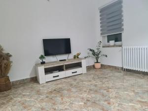 een woonkamer met een televisie aan een witte muur bij JS APARTMAN in Nikšić