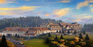 una pintura de un gran edificio con coches aparcados delante en Dollywood's HeartSong Lodge & Resort en Pigeon Forge