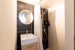La salle de bains est pourvue d'un lavabo et d'un miroir. dans l'établissement Studio charmant & champêtre, à Auch