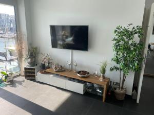 a living room with a flat screen tv on a wall at Wellness-Pearl Bremerhaven in Bremerhaven