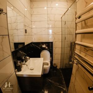 uma casa de banho com um lavatório branco e um WC. em Hillmond's Boutique em Baku