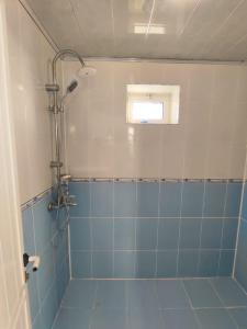 a bathroom with a shower with blue tiles at Green garden Zargan villa in Gabala
