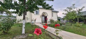 a white house with red flowers in the yard at Green garden Zargan villa in Gabala