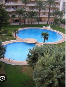 einem großen Pool mit Palmen und einem Gebäude in der Unterkunft Acogedor apartamento en Daimús junto a la playa con parking privado y piscinas comunitarias in Daimús