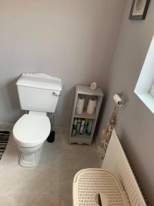 een badkamer met een wit toilet en een plank bij Gortamaddy House in Ballycastle