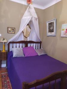 a bedroom with a purple bed with a canopy at Chambre d'hôtes chez Claude Bardou in Lacrouzette