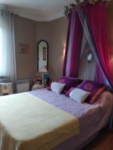 1 dormitorio con 1 cama grande y cortinas rosas en Chambre d'hôtes chez Claude Bardou en Lacrouzette