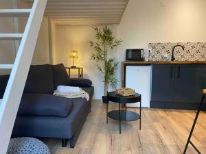 a living room with a blue couch and a kitchen at Charmant Studio in Vierzon