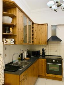 een keuken met houten kasten en een wastafel bij MAIN SQUARE APARTMAN in Debrecen