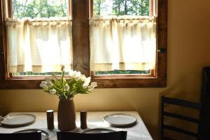 einen Tisch mit einer Vase Blumen auf einem Tisch mit zwei Fenstern in der Unterkunft Dreamy Couples Cabin in the Shenandoah Forrest in Luray