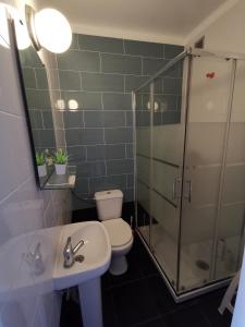 a bathroom with a toilet and a glass shower at Beach House Surfing Baleal Peniche in Baleal