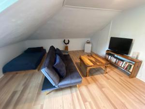 Logement au Cœur du Village في سان جان بورت جولي: غرفة معيشة مع أريكة وتلفزيون
