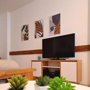 een woonkamer met een flatscreen-tv op een standaard bij BeelApt - Departamento elegante y seguro, con Cochera Exclusiva in La Plata