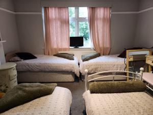 um quarto com quatro camas e uma televisão em Spacious Room with Garden in Croydon London em South Norwood