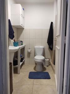 a small bathroom with a toilet and a sink at Mahatma Hostel in Santiago