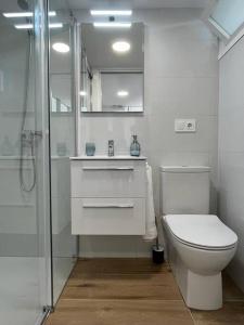 a white bathroom with a toilet and a shower at MiniLoft Baiona - in Baiona