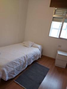 a bedroom with a bed and a window and a rug at Casa Ricardo (16km de Coruña) 