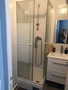La salle de bains est pourvue d'une douche et d'un lavabo. dans l'établissement Studio charmant centre d Aubervilliers, à Aubervilliers