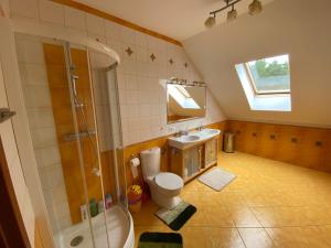 a bathroom with a shower and a toilet and a sink at Gospodarstwo Agroturystyczne Zasadkowe Bory in Rogowo