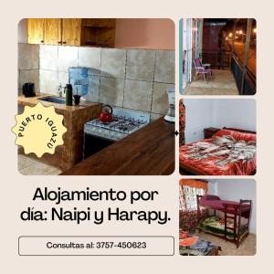 un collage de fotos de una cocina y una habitación en Harapy y Naipy en Puerto Iguazú