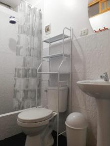 La salle de bains est pourvue de toilettes et d'un lavabo. dans l'établissement Excelente ubicación! Bellas y cómodas habitaciones en el centro de Oxapampa, à Oxapampa