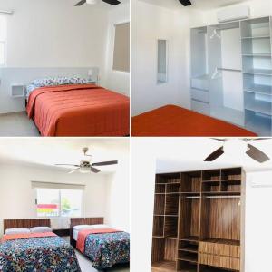 four different views of a bedroom with two beds and a room with a bed sqor at Departamento céntrico en Cancún in Cancún