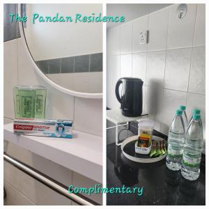 two pictures of a kitchen with bottles of water on a counter at The Pandan Residence in Kuantan