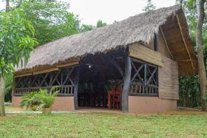 een gebouw met een rieten dak en een gras bij Kirindioya Village in Tanamalwila