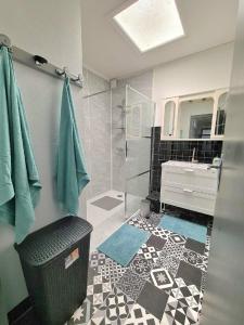 uma casa de banho com um chuveiro e um lavatório. em Aigue Marine et Coquelicot em Jonzac