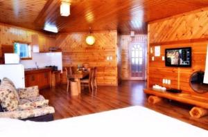 a living room with wooden walls and a kitchen and a living room at Jeju Mokhwa Pension in Seogwipo
