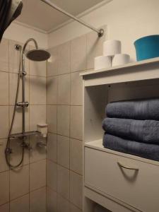 a bathroom with a shower and some blue towels at Cabaña Pop in San Pedro de Atacama