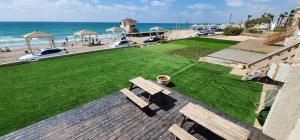 a wooden deck with a park with green grass and the ocean at מבנים בים 77 Suites at sea in Haifa