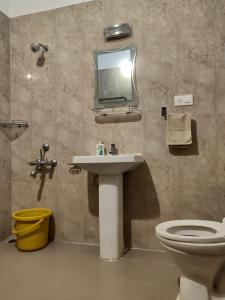 een badkamer met een toilet, een wastafel en een spiegel bij LABDHI RESORTS Stag Groups not allowed in Masinagudi