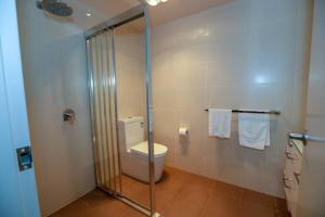 a bathroom with a toilet and a glass shower stall at Har 55 3 bedroom Self-Catering in Sydney