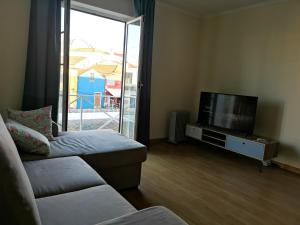 a living room with a couch and a flat screen tv at Flamingo's House - Beautiful View Over the Canal in Aveiro