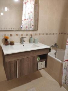 a bathroom with a sink and a bath tub at Flamingo's House - Beautiful View Over the Canal in Aveiro