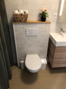 uma casa de banho com um WC branco e um lavatório. em Maison familiale 100m2 em Witry-lès-Reims