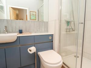 Un baño con inodoro, lavabo y ducha. en Cuddy's Holm, en Seahouses 6 fotos más