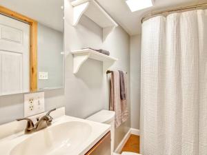baño con lavabo y cortina de ducha en Casey Paradise Tiny Home Mountain Retreat, en Cullowhee