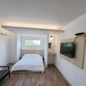 a bedroom with a bed and a flat screen tv at Jeju Soroan Pension in Seogwipo