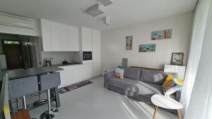 a living room with a couch and a kitchen at Silver DeLux Apartman in Balatonfüred
