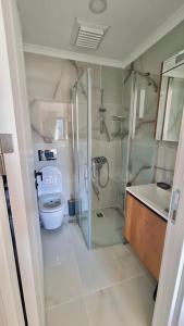 a bathroom with a toilet and a shower and a sink at Amazing Sea & Mountain Duplex in Izmit in Izmit