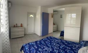 a bedroom with a blue bed and a mirror at Dyna 2 bedroom house in Sainte-Rose