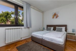 a bedroom with a bed and a large window at Apartment Karlovac in Karlovac