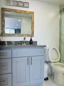 a bathroom with a sink and a toilet and a mirror at Vista Bliss Retreat-Private Room in Los Angeles