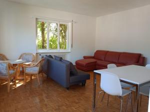 ein Wohnzimmer mit einem Sofa, einem Tisch und Stühlen in der Unterkunft Cube 1B Flat in Lugano