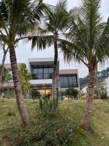 a building with palm trees in front of it at Villa D’Helen Venus Flamingo Đại Lải in Yen