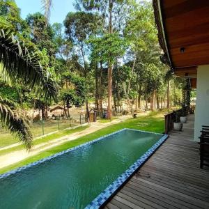 una piscina junto a una terraza de madera en Zen Forest Entire Villa with Private Pool at Karak, en Kampung Sunjai Gapoi