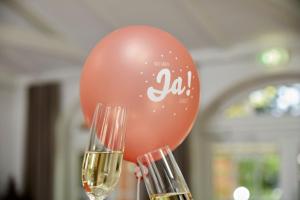 Dois copos de vinho e um balão cor-de-rosa. em Gästehaus am Landhaus Friedrichsfehn em Edewecht