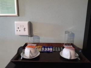 einen Tisch mit zwei Teekesseln und einem Lichtschalter in der Unterkunft RS GARDEN GUESTHOUSE in Thohoyandou
